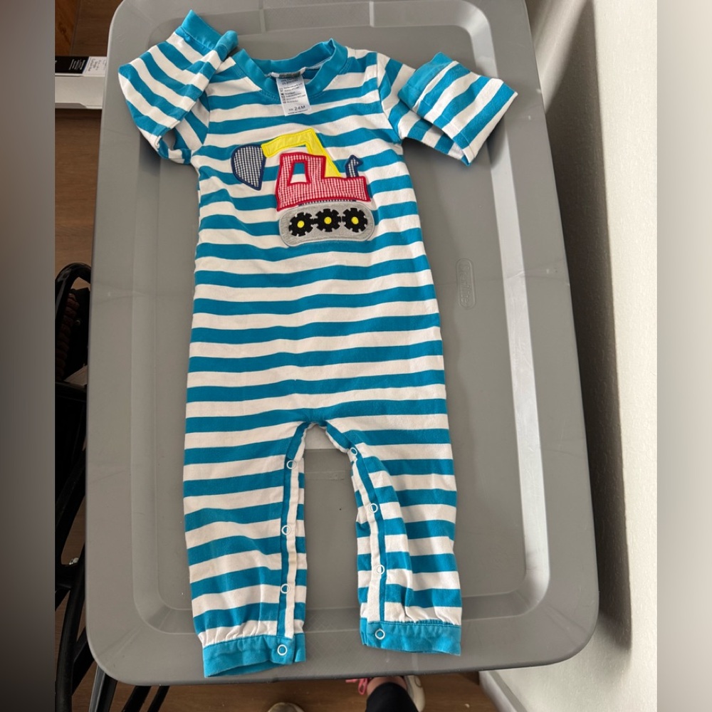 Blue and White Striped Footies with Graphic Design